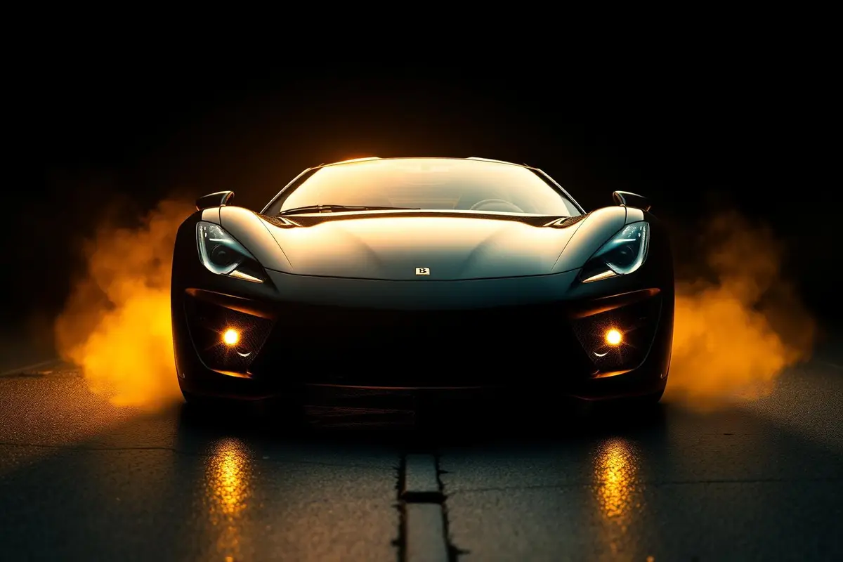 Black Italian supercar with golden glow