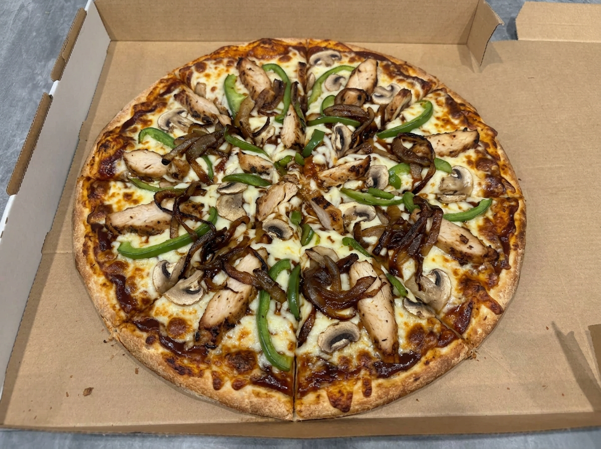 BBQ Chicken pizza in the box at Stallion's Pizza, East Ryde