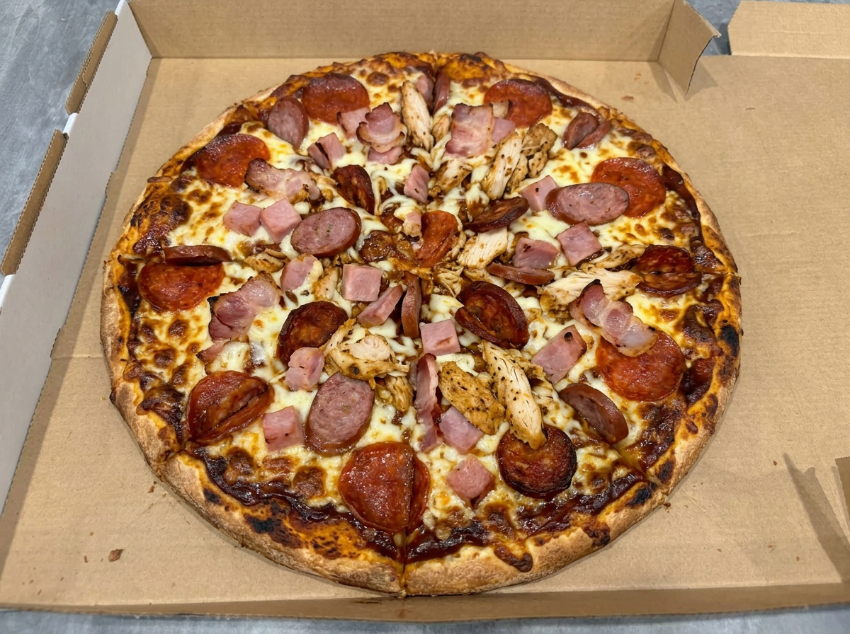 Meat Lovers pizza in the box at Stallion's Pizza, East Ryde