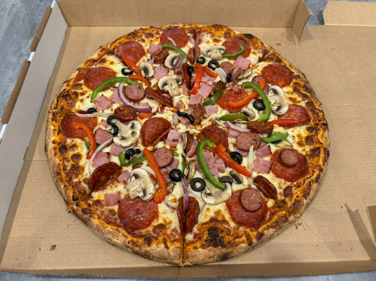Supreme pizza in the box at Stallion's Pizza, East Ryde